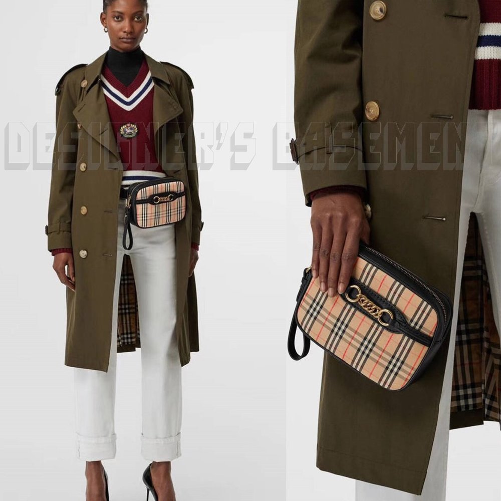 BURBERRY black leather LINK 1983 beige canvas Equestrian Knight Check Belt Bag